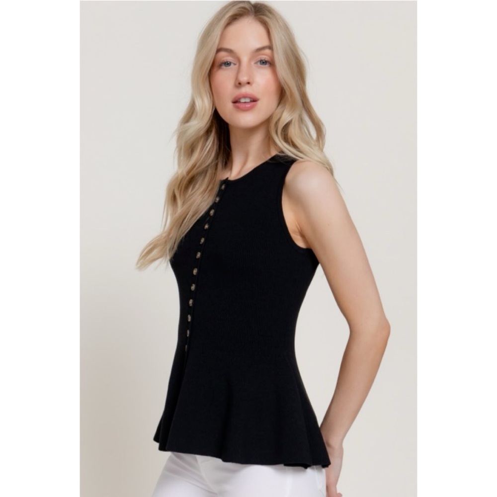 1154 • Black Soft Rib Knit Sleeveless Peplum Button Front Top - Picture 4 of 5
